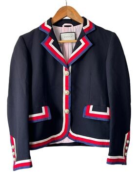 Authentic Gucci Navy Wool Blazer with Red White and Blue Trim